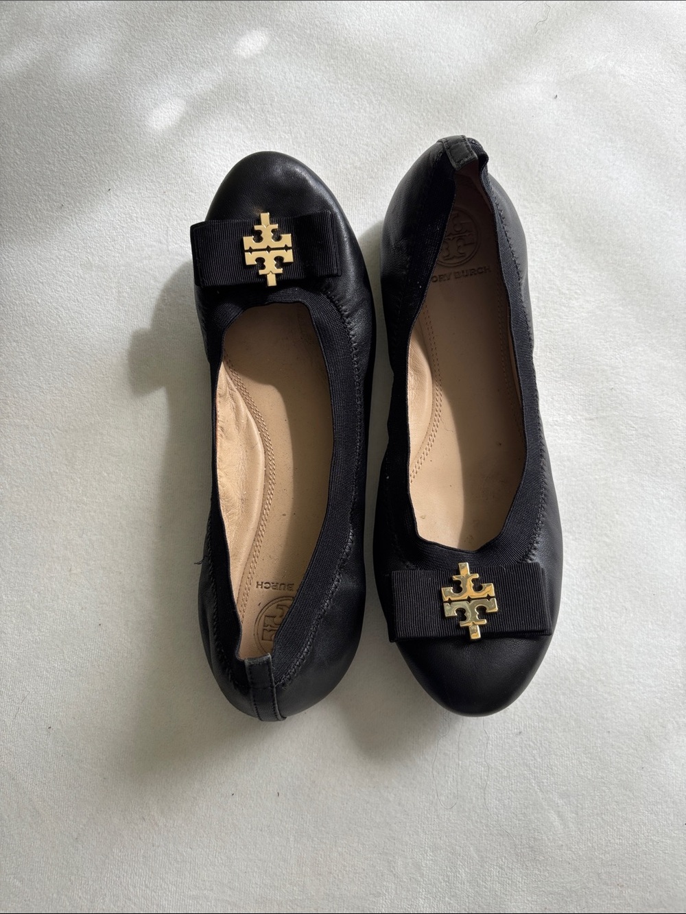 Tory Burch Black Reva Ballet Flats with Gold Logo